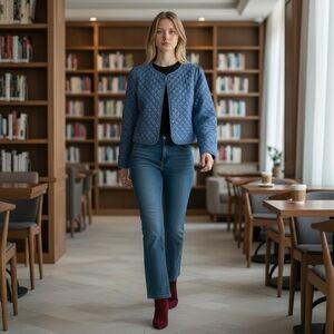 LIKE NEW ME+EM Quilted Blue Chambray Jacket Size 8 Unlined Snap Side Pockets